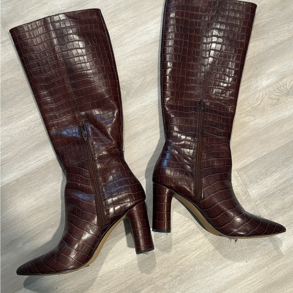 Elegant Brown Croc-Embossed Knee-High Boots
